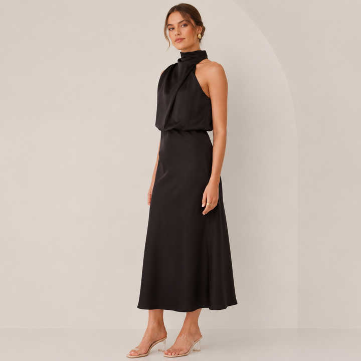 Cast | Black Satin Halter Cowl Neck Midi Dress