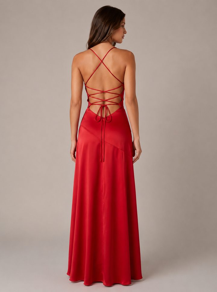 Crush | Red Satin High Low Ruffle Cowl Neck Maxi Dress