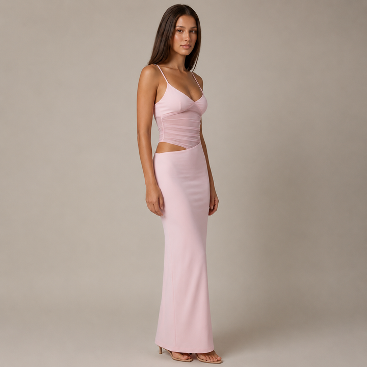 Slice | Baby Pink Mesh Waist Side Cutout Bias Cut Maxi Dress