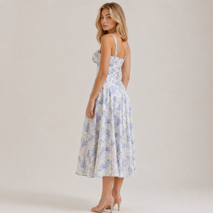 Brim | Blue Floral Sweetheart Neck Fitted Midi Summer Dress