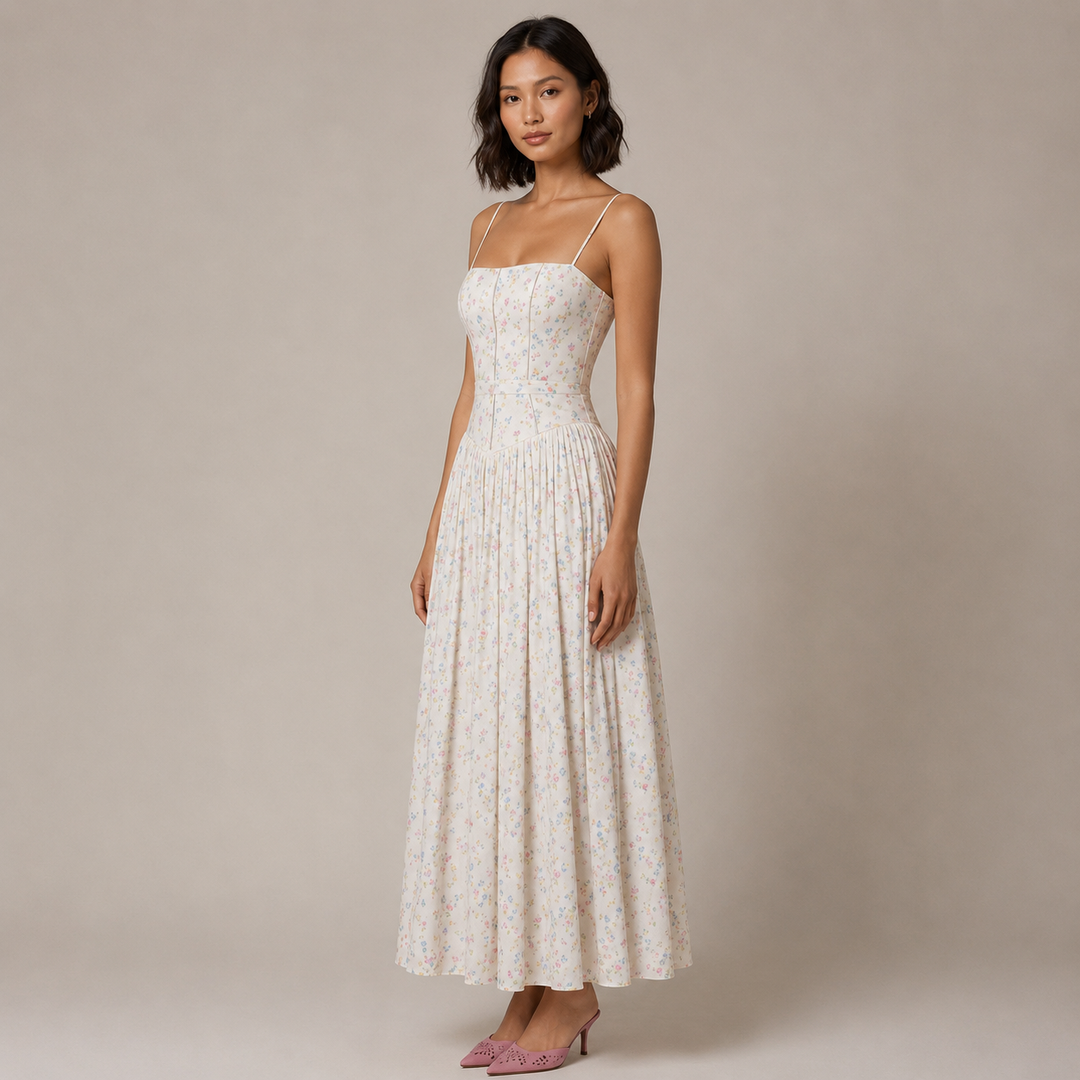 Fond | Cream Floral Corset Drop Waist Midi Dress