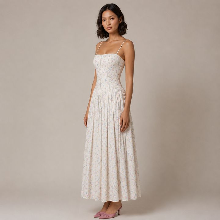Fond | Cream Floral Corset Drop Waist Midi Dress