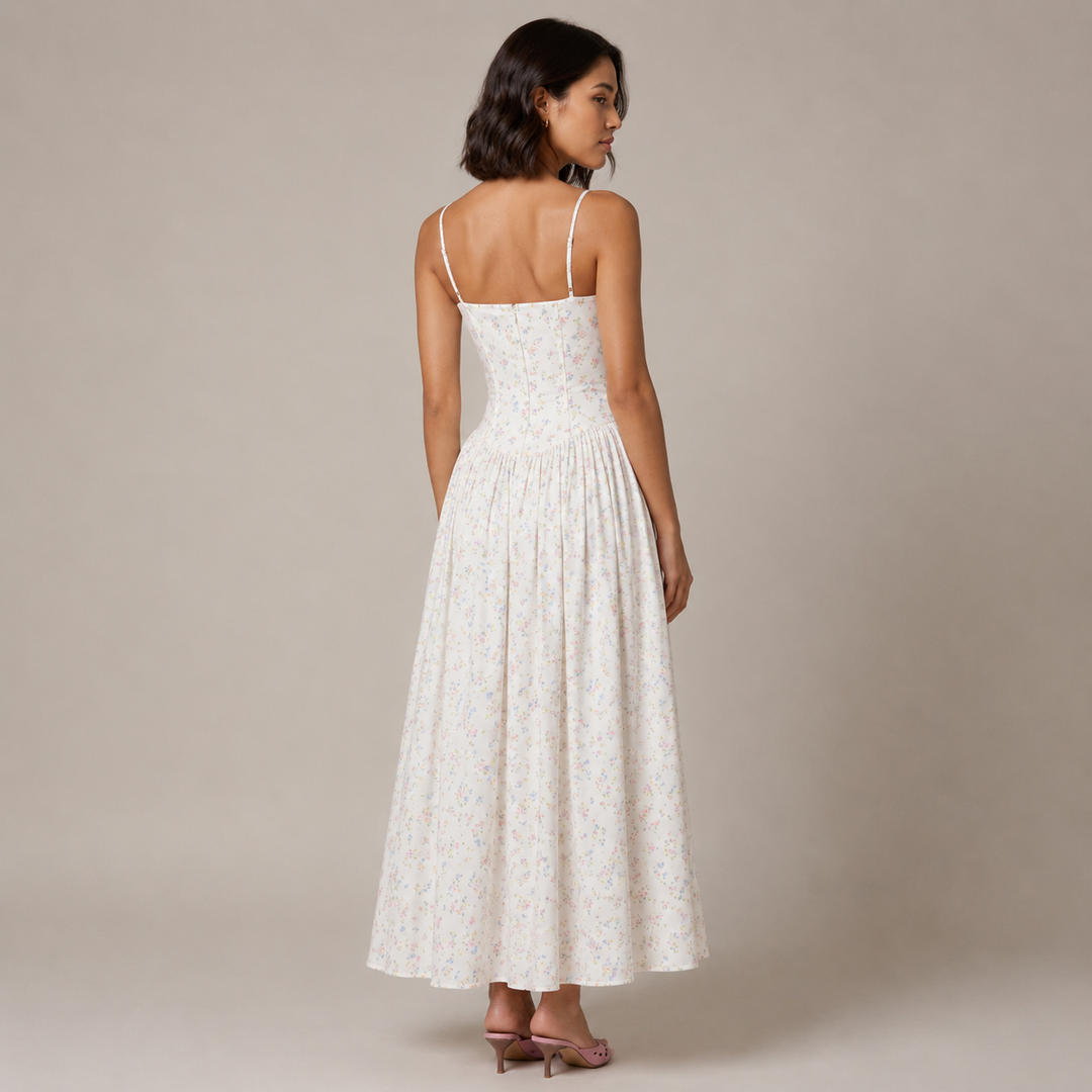 Fond | Cream Floral Corset Drop Waist Midi Dress