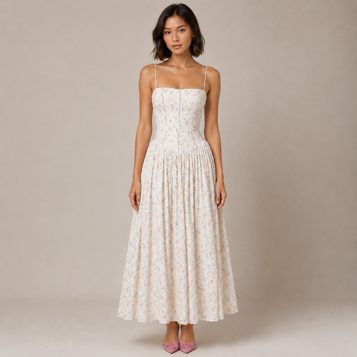 Fond | Cream Floral Corset Drop Waist Midi Dress