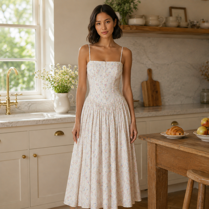 Fond | Cream Floral Corset Drop Waist Midi Dress