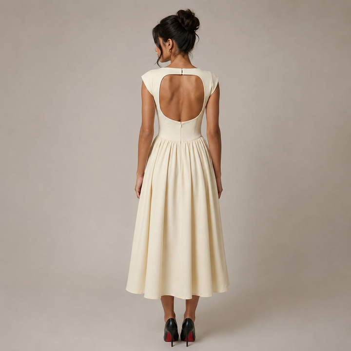 Dote | Cream Boat Neck Sleeveless Drop Waist Flared Midi Dress