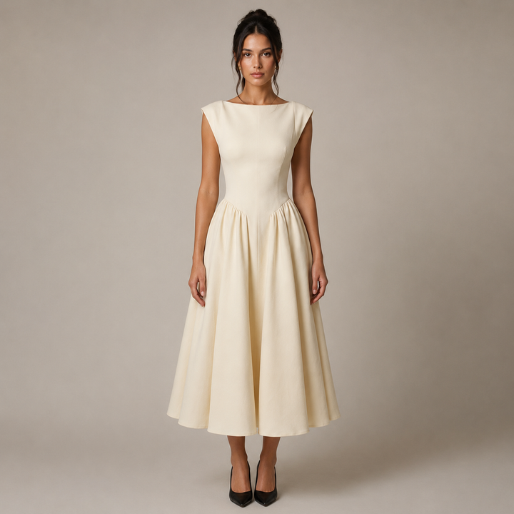 Dote | Cream Boat Neck Sleeveless Drop Waist Flared Midi Dress
