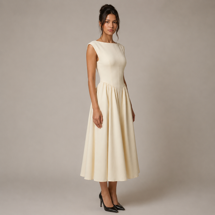 Dote | Cream Boat Neck Sleeveless Drop Waist Flared Midi Dress