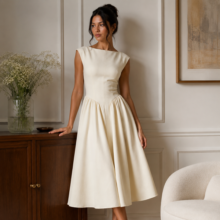 Dote | Cream Boat Neck Sleeveless Drop Waist Flared Midi Dress