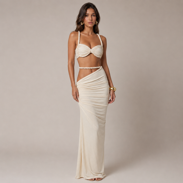 Rush | Cream Twisted Bandeau Ruched Maxi Skirt Set