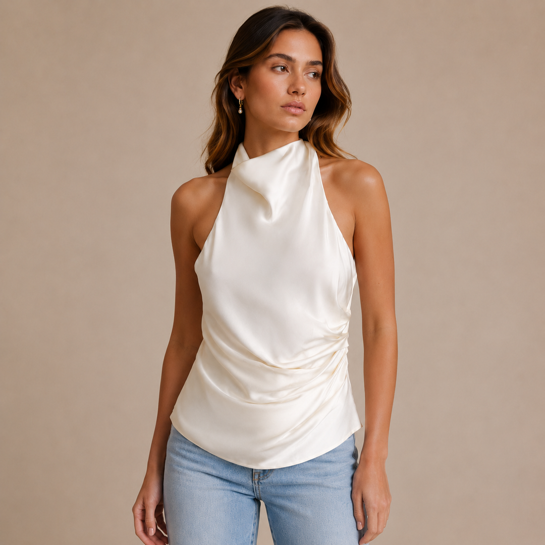 Swoon | Ivory Satin Cowl Neck Halter Backless Top