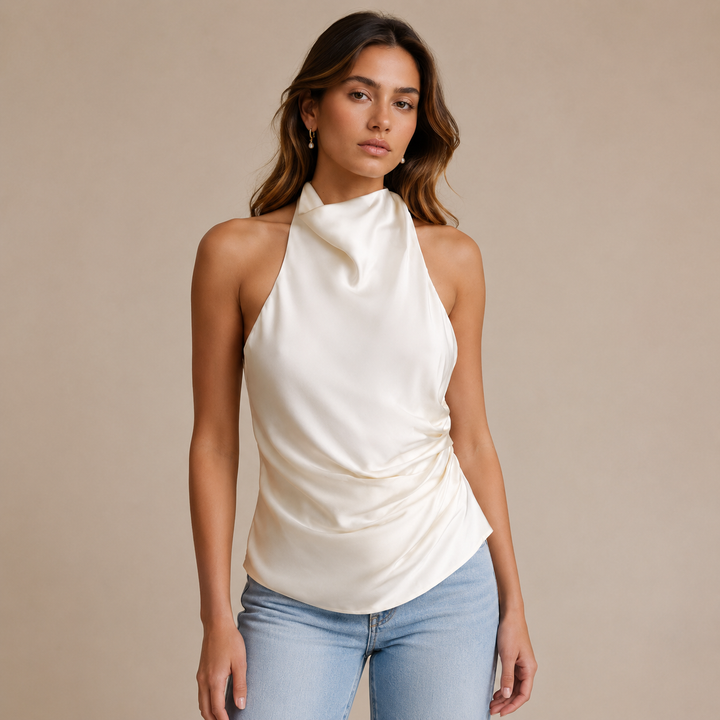 Swoon | Ivory Satin Cowl Neck Halter Backless Top