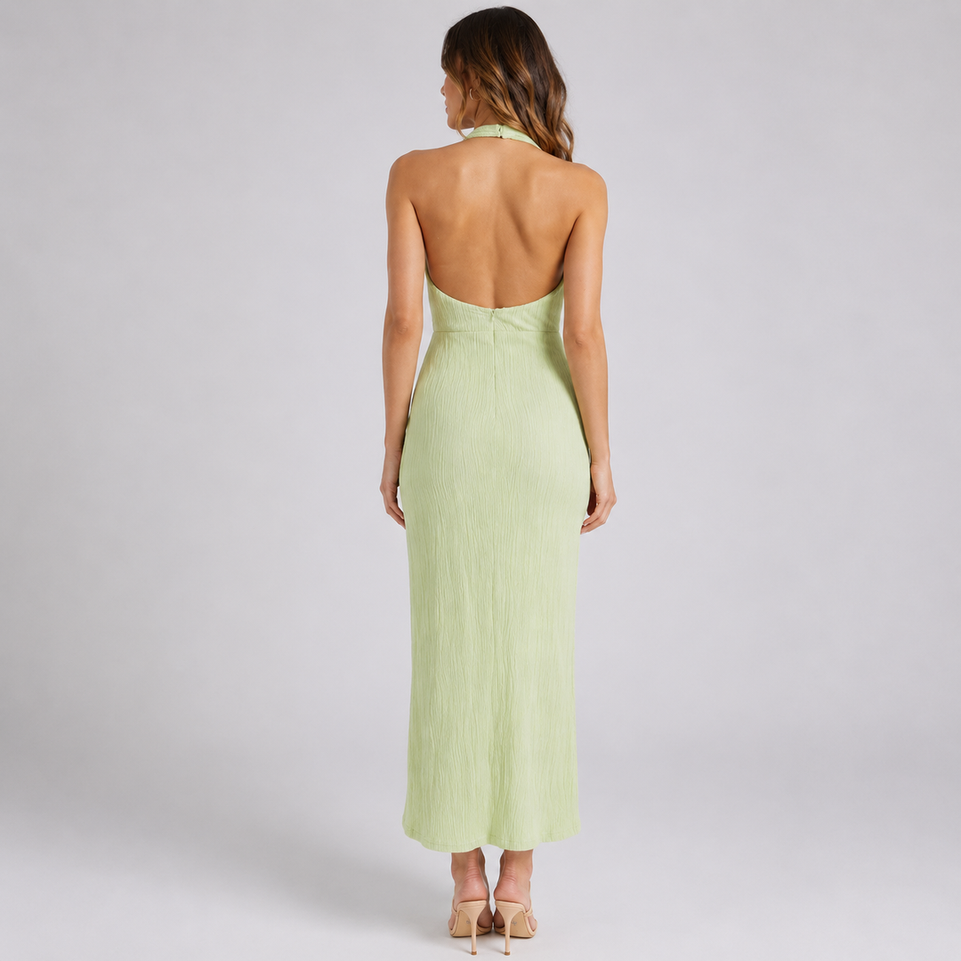 Lush | Sage Green Halter Pleated Slit Midi Dress