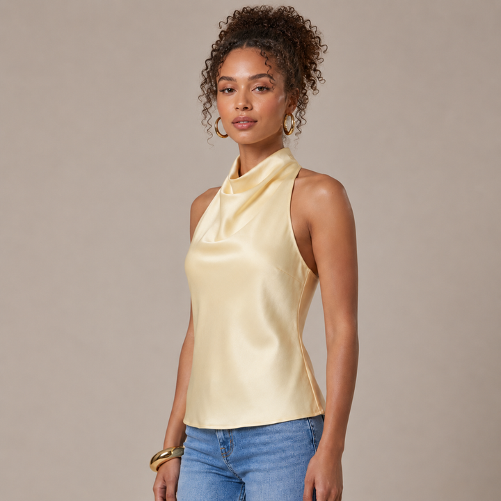 Honey | Yellow Satin Cowl Halter Open Back Top