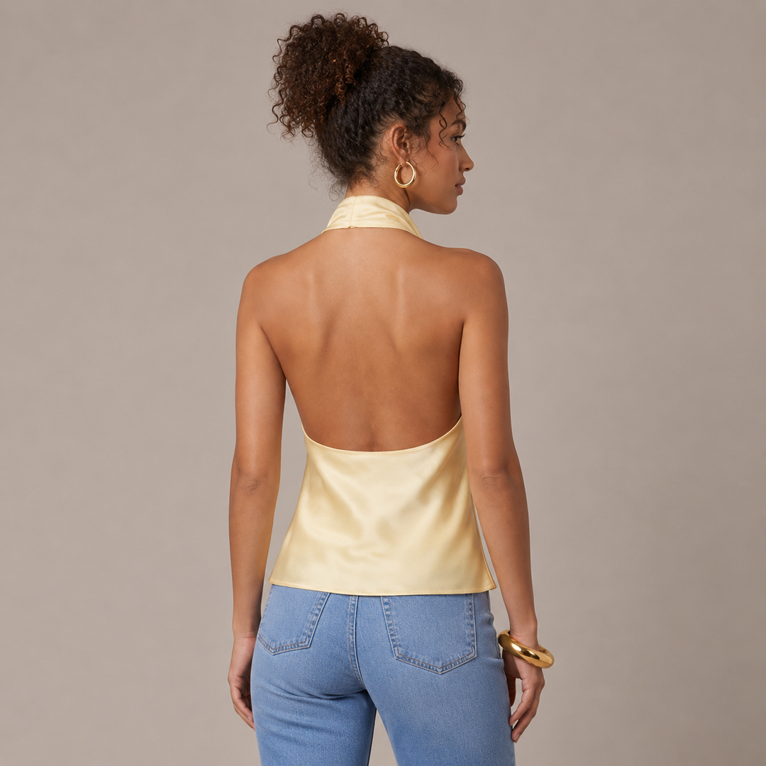 Honey | Yellow Satin Cowl Halter Open Back Top
