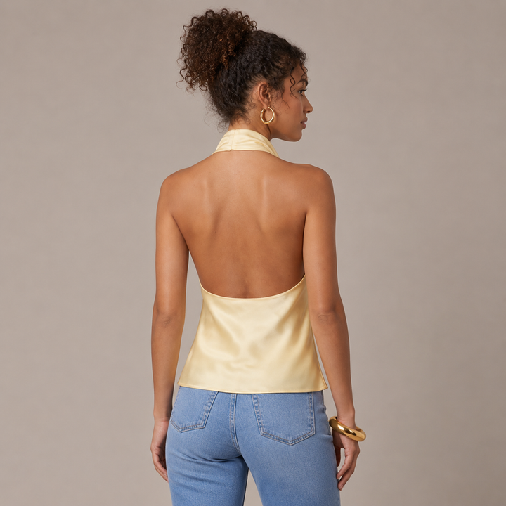 Honey | Yellow Satin Cowl Halter Open Back Top