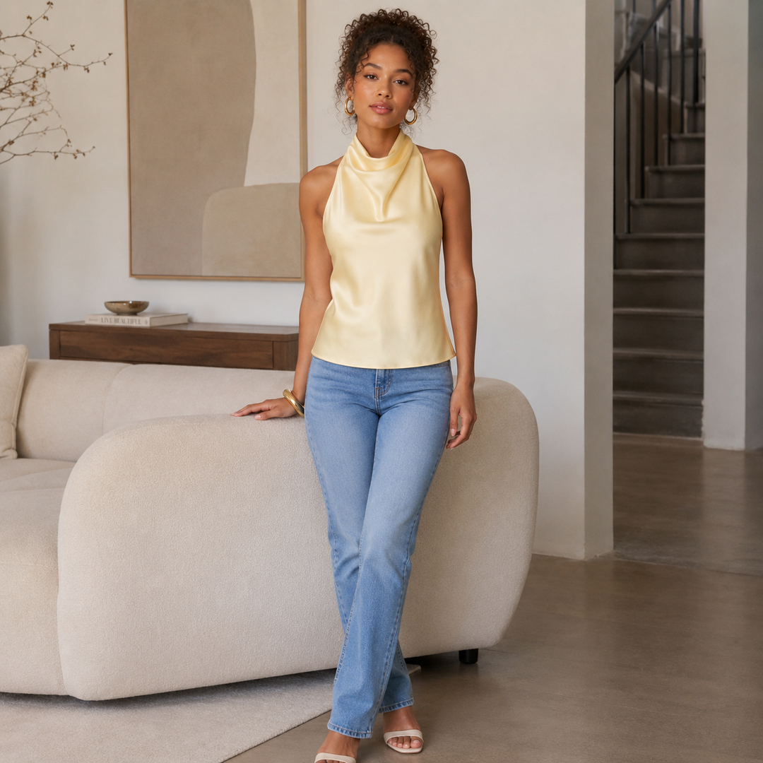 Honey | Yellow Satin Cowl Halter Open Back Top