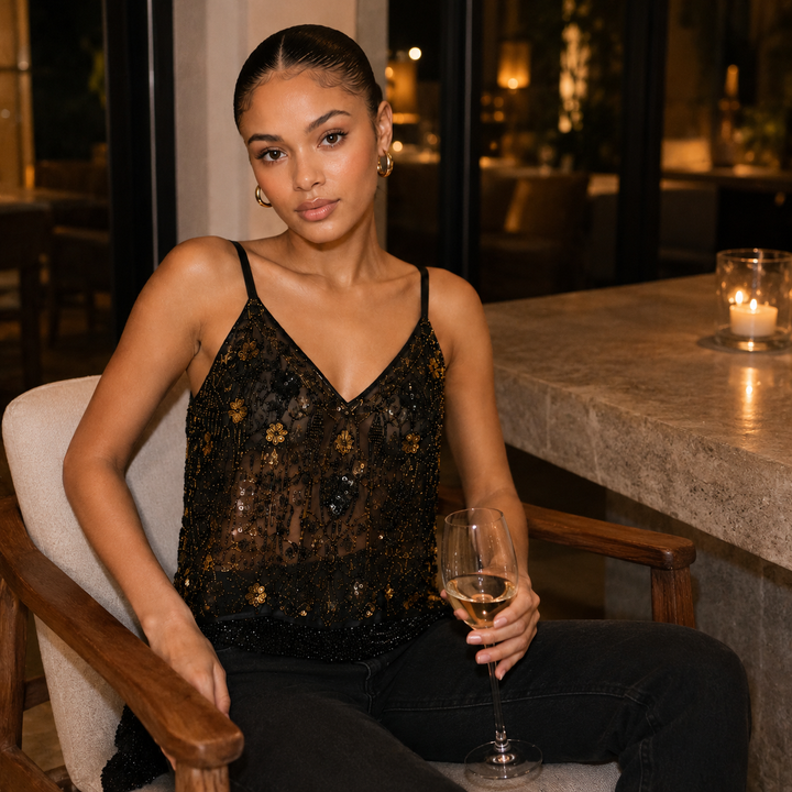 Blink | Black Gold Sequin Beaded V Neck Mesh Top