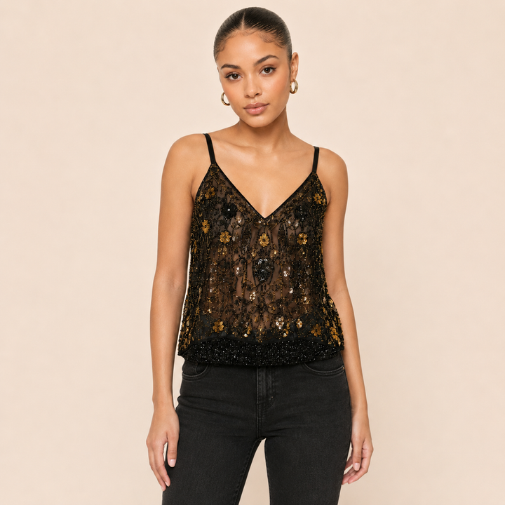 Blink | Black Gold Sequin Beaded V Neck Mesh Top