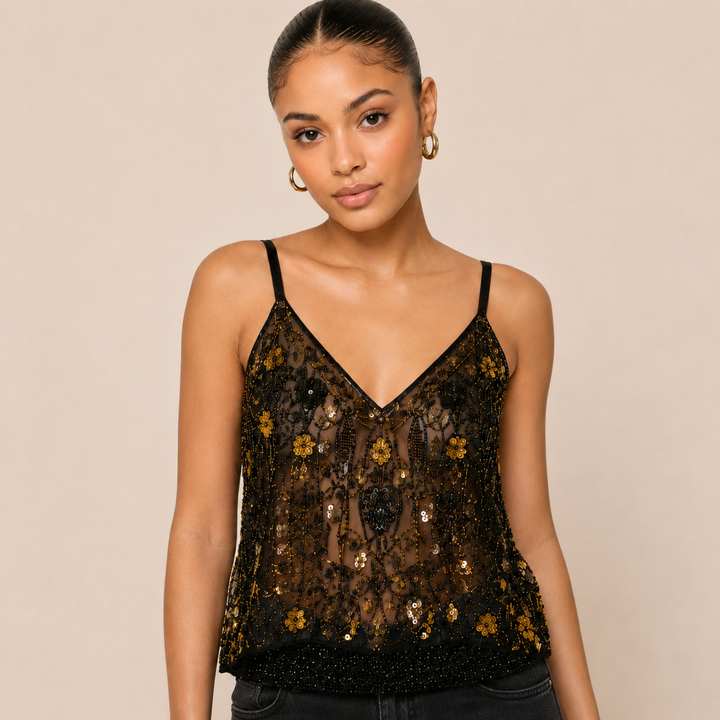 Blink | Black Gold Sequin Beaded V Neck Mesh Top