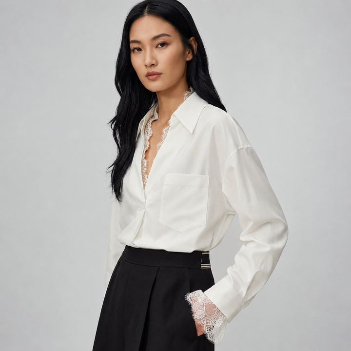 Brush | White Oversized V Neck Lace Trim Shirt