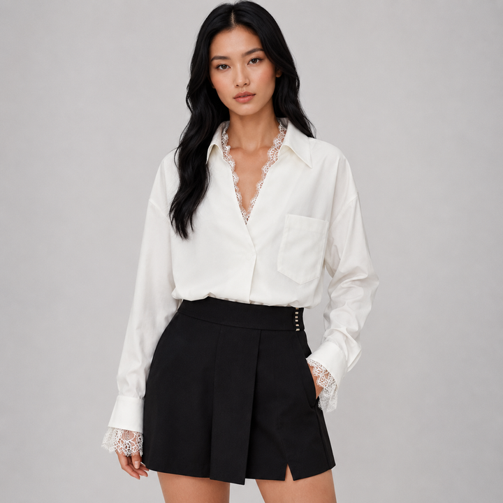 Brush | White Oversized V Neck Lace Trim Shirt