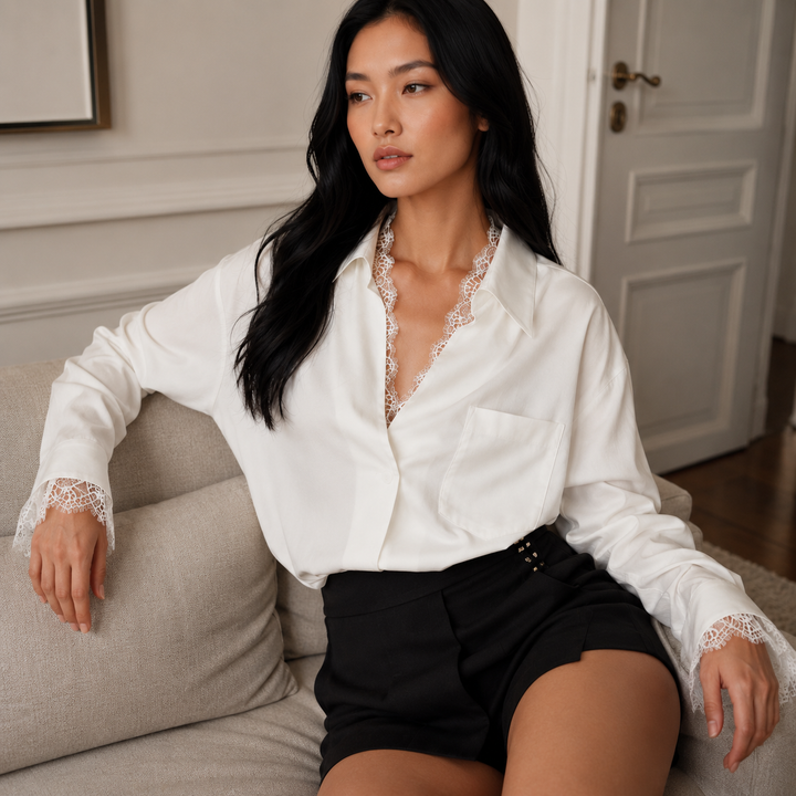 Brush | White Oversized V Neck Lace Trim Shirt