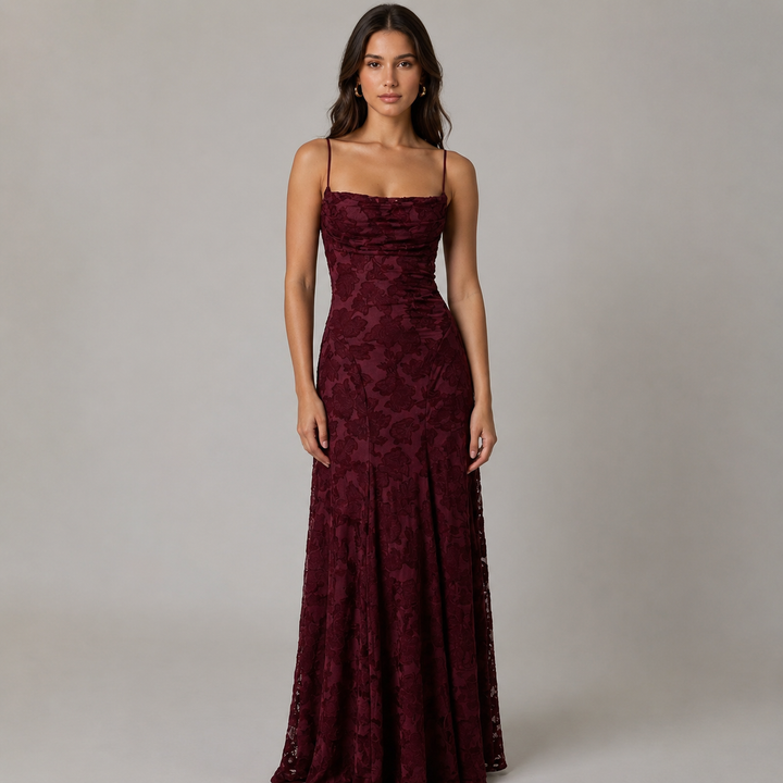 Pour | Burgundy Floral Burnout Cowl Neck Maxi Dress