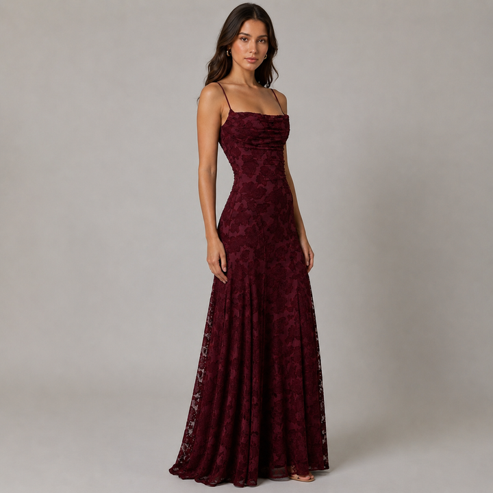 Pour | Burgundy Floral Burnout Cowl Neck Maxi Dress