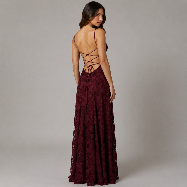 Pour | Burgundy Floral Burnout Cowl Neck Maxi Dress