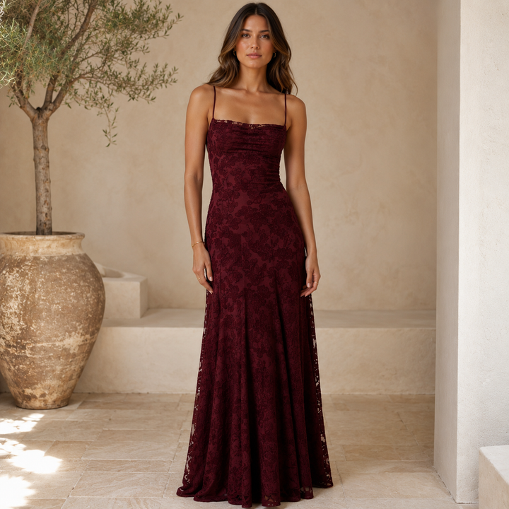 Pour | Burgundy Floral Burnout Cowl Neck Maxi Dress