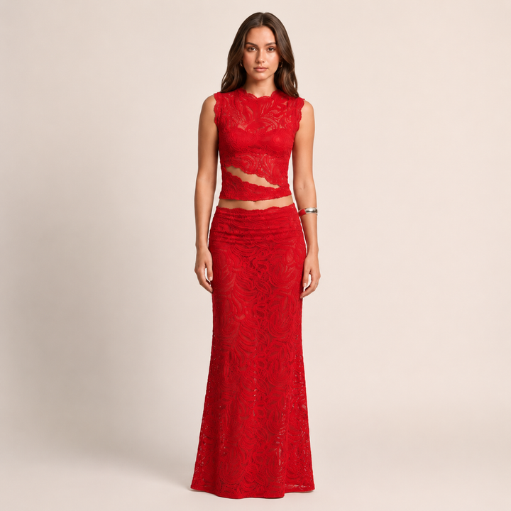 Ache | Red Crop Top &amp; Maxi Skirt Two-Piece Set