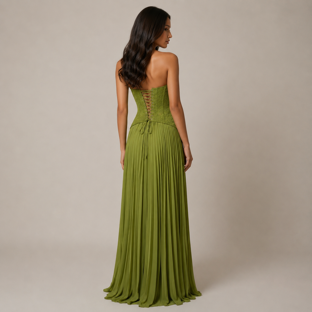 Waltz | Olive Green Lace Corset Halterneck Pleated Maxi Dress
