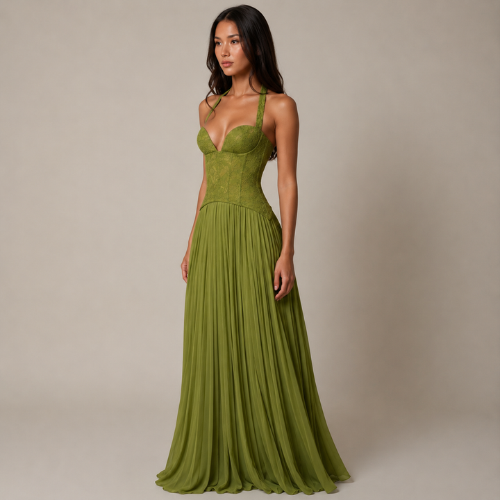 Waltz | Olive Green Lace Corset Halterneck Pleated Maxi Dress