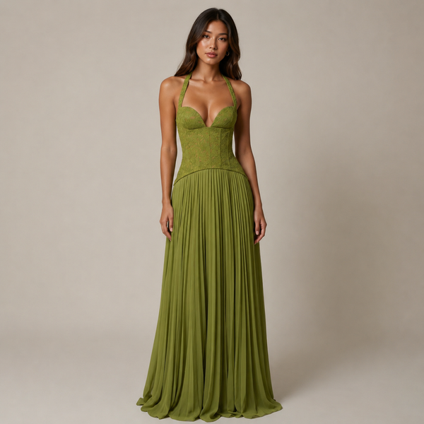 Waltz | Olive Green Lace Corset Halterneck Pleated Maxi Dress