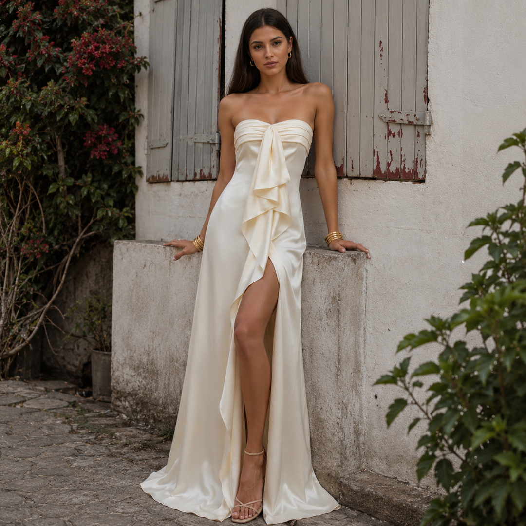 Women's White Maxi Dress Strapless Bow Front Tie High Slit Satin Sleeveless Vacation Beach Wedding Guest Bridal Shower Resort Summer – The Hang