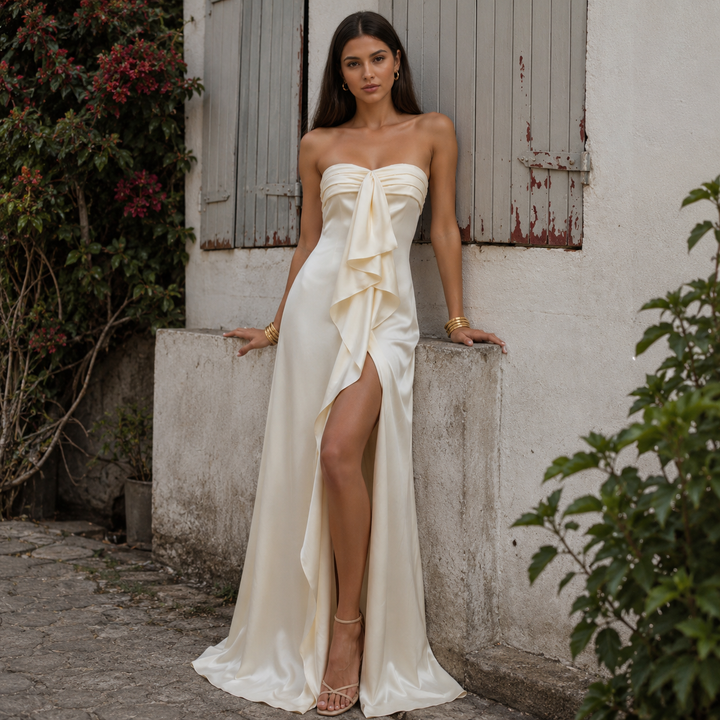 Trust | White Strapless Bow Front High Slit Maxi Dress