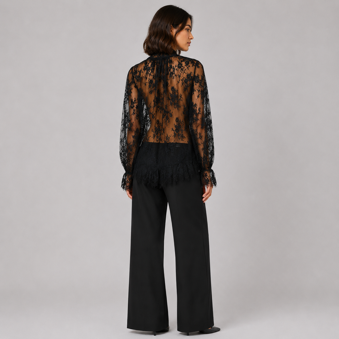 Purr | Black Sheer Floral Lace Bow Neck Tie Blouse
