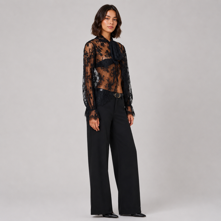 Purr | Black Sheer Floral Lace Bow Neck Tie Blouse