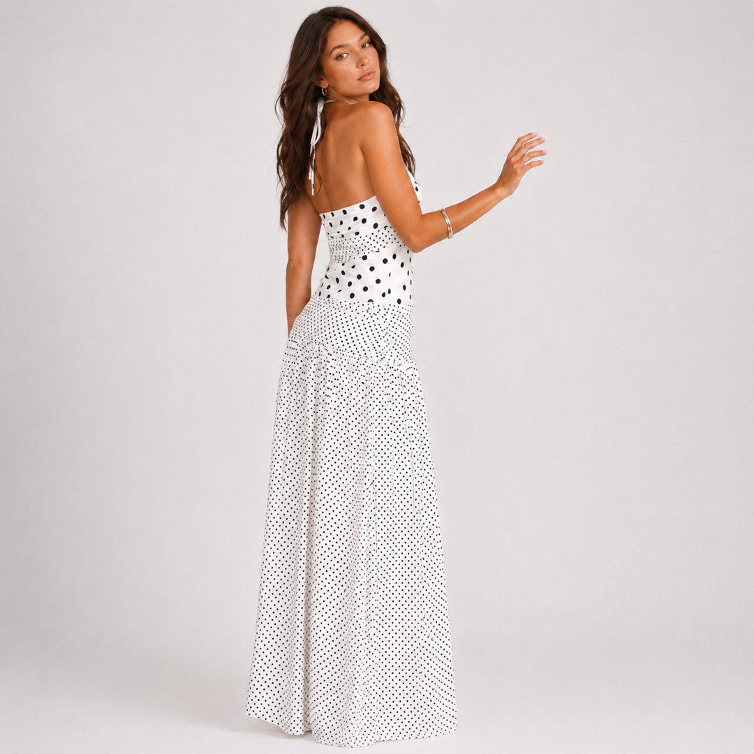 Twirl | White Polka Dot Halter Pleated Maxi Dress
