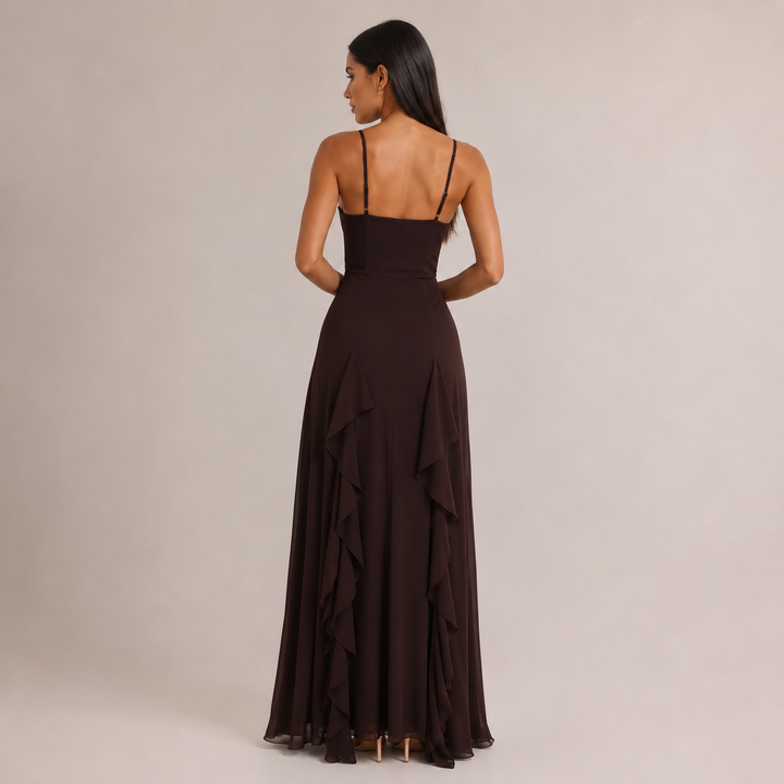 Dusk | Chocolate Brown V Neck Ruffle Chiffon Maxi Dress