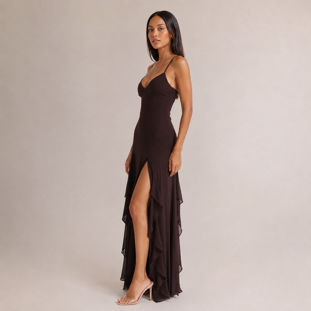 Dusk | Chocolate Brown V Neck Ruffle Chiffon Maxi Dress
