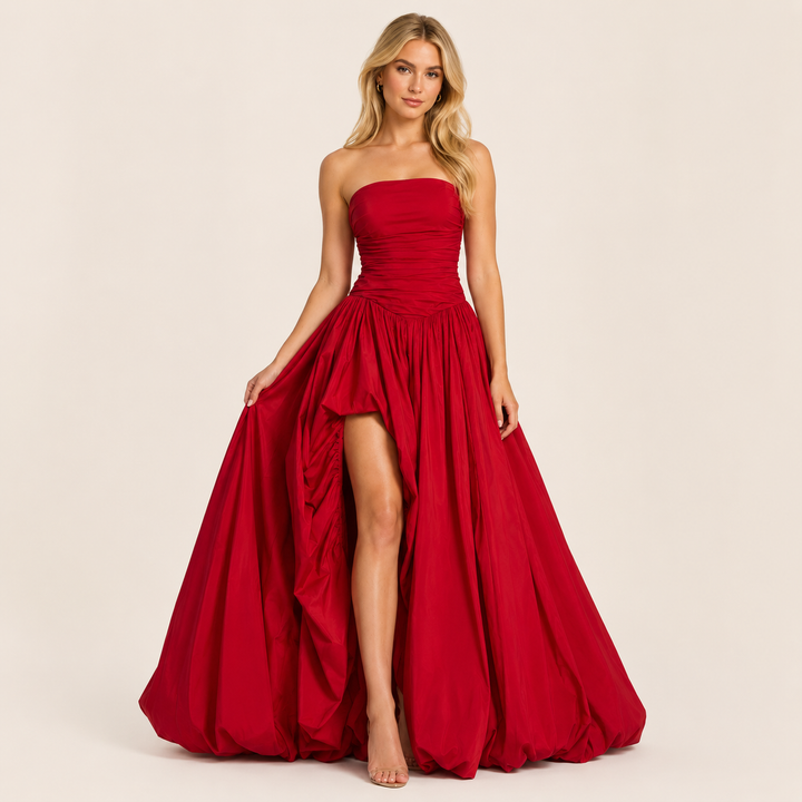 Burst | Red Strapless Ruched Drop Waist Puff Ball Maxi Dress
