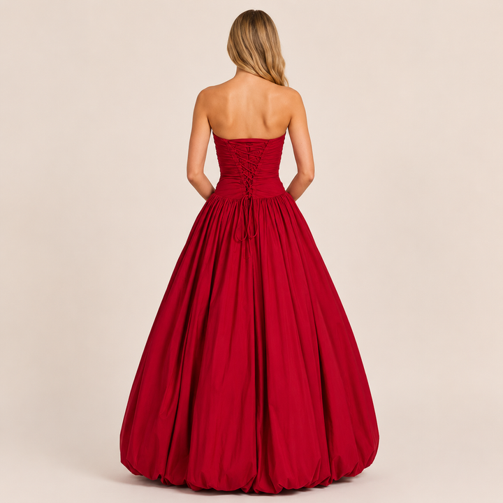Burst | Red Strapless Ruched Drop Waist Puff Ball Maxi Dress