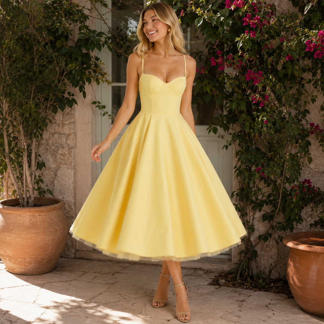 Note | Yellow Corset Sweetheart Bustier Full Skirt Midi Dres