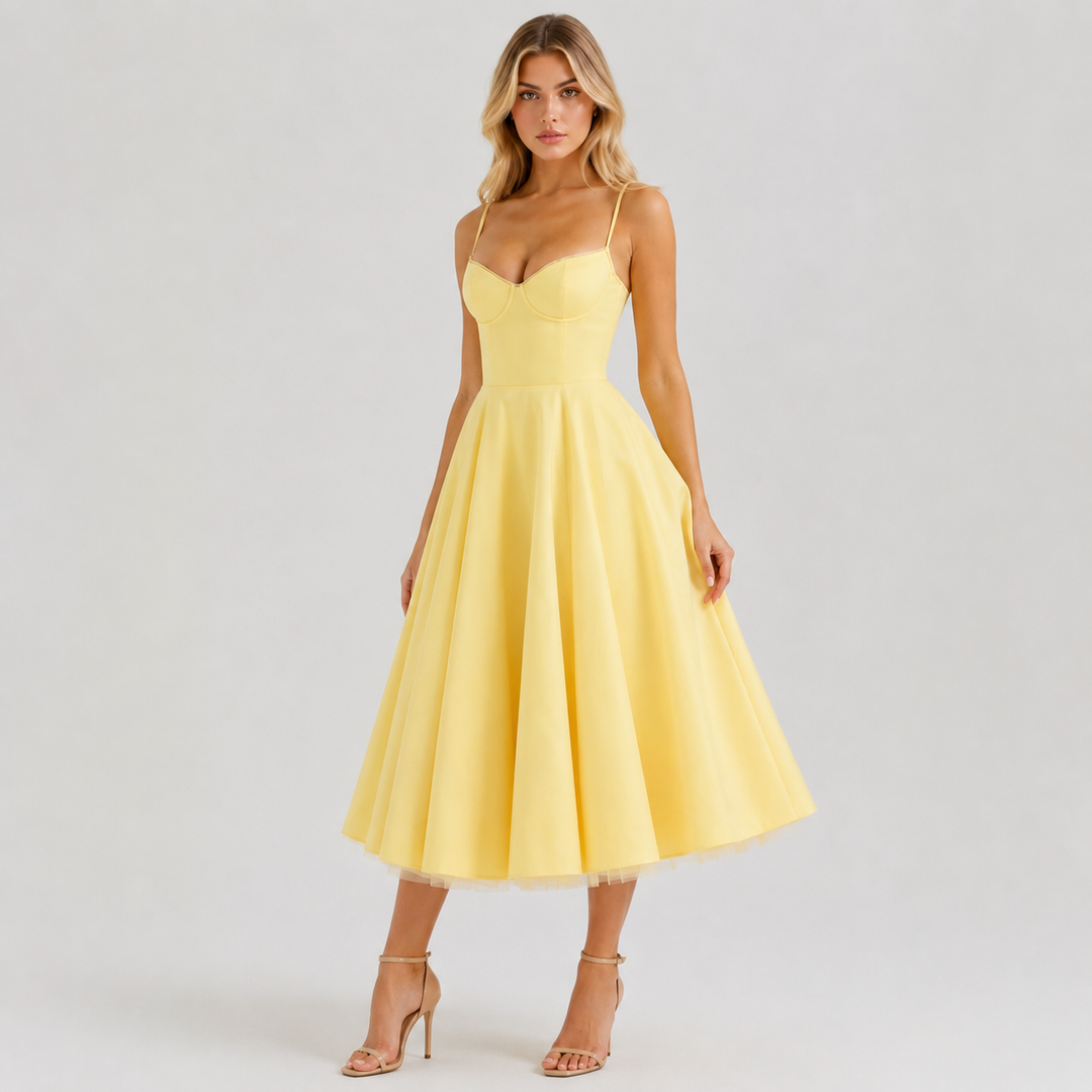 Note | Yellow Corset Sweetheart Bustier Full Skirt Midi Dres