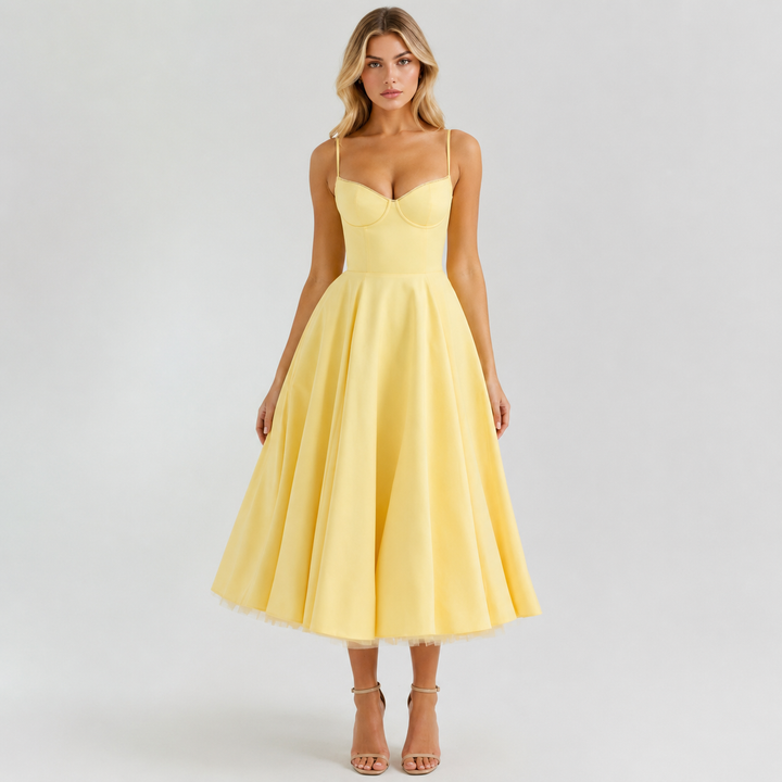 Note | Yellow Corset Sweetheart Bustier Full Skirt Midi Dres