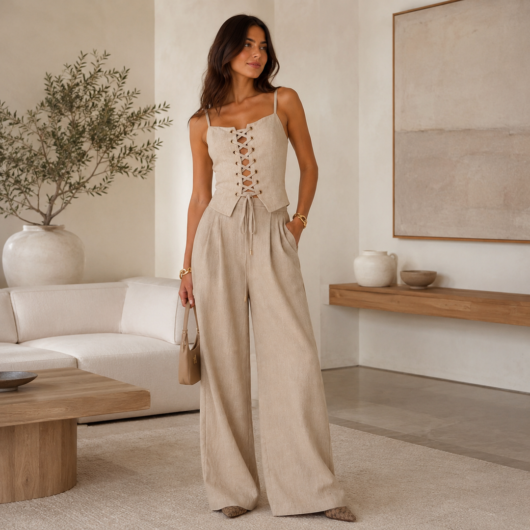 Cinch | Beige Lace-Up Corset Wide Leg Pant Set