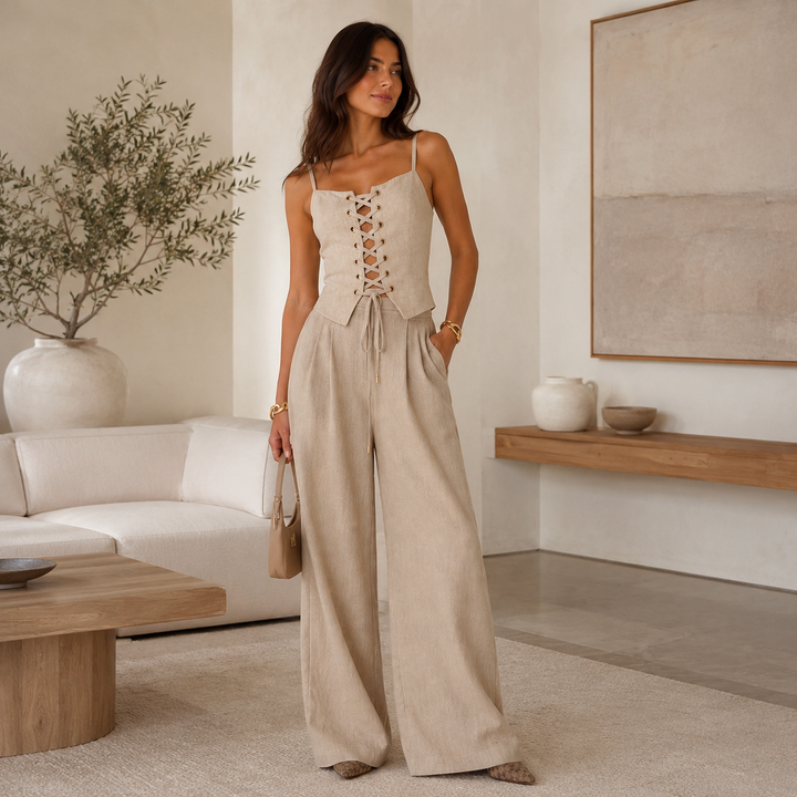 Cinch | Beige Lace-Up Corset Wide Leg Pant Set