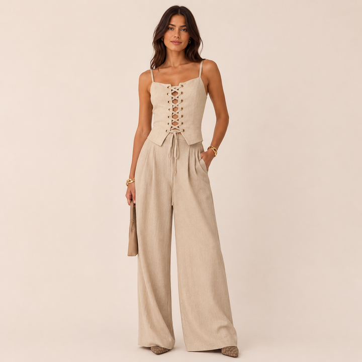Cinch | Beige Lace-Up Corset Wide Leg Pant Set